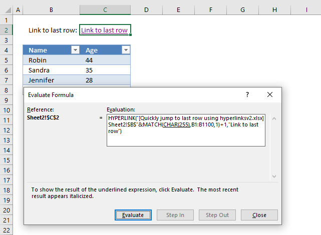 Quickly jump to last row in a data set using excel hyperlink function evaluate formula