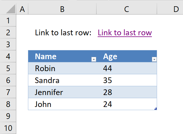 Quickly jump to last row in a data set using excel hyperlink function