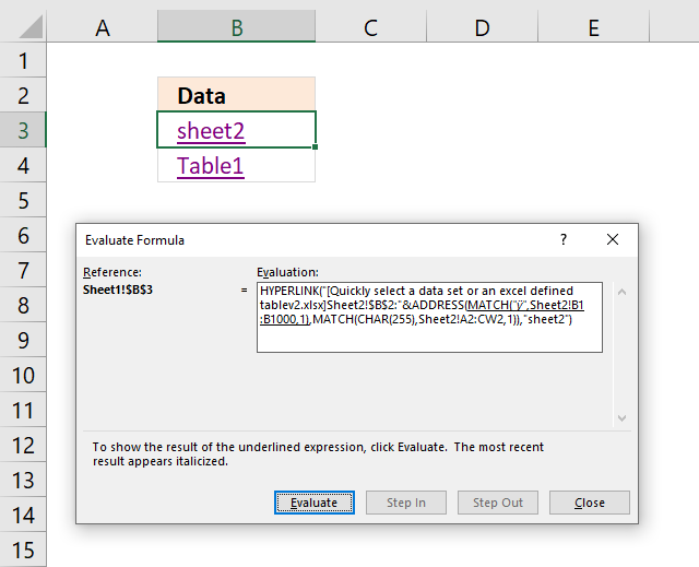 Easily select data using hyperlinks evaluate formula