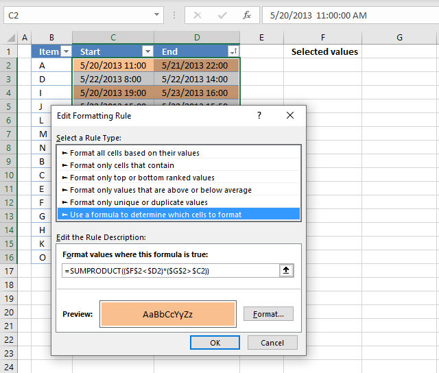 Highlight date ranges overlapping selected record CF formula