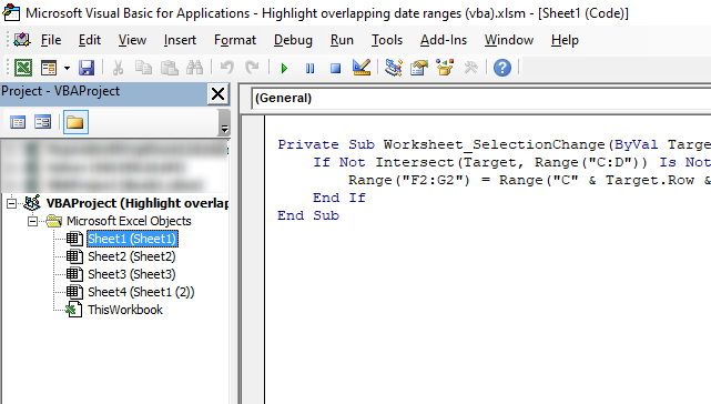 Highlight date ranges overlapping selected record place VBA code