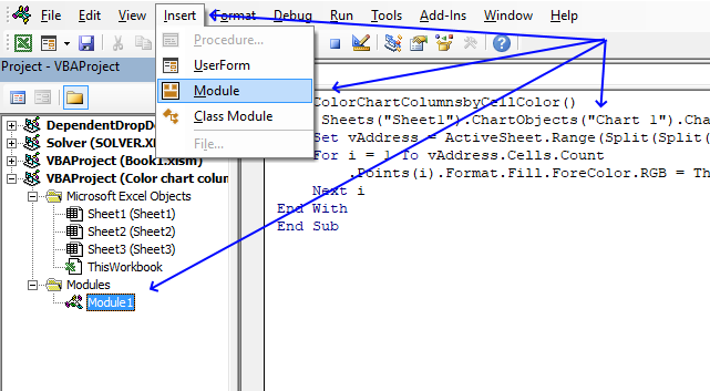 Color columns in chart based on cell color VB Editor 1