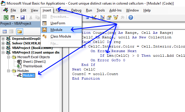 Count unique distinct values by cell color VB Editor