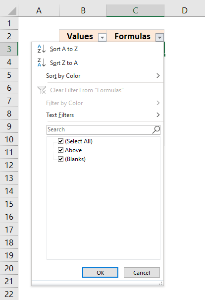 Delete formulas returning blanks using a filter