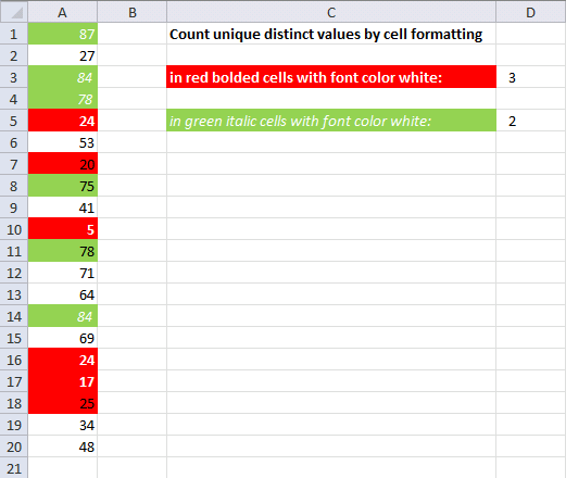 count unique distinct cell values by cell formatting