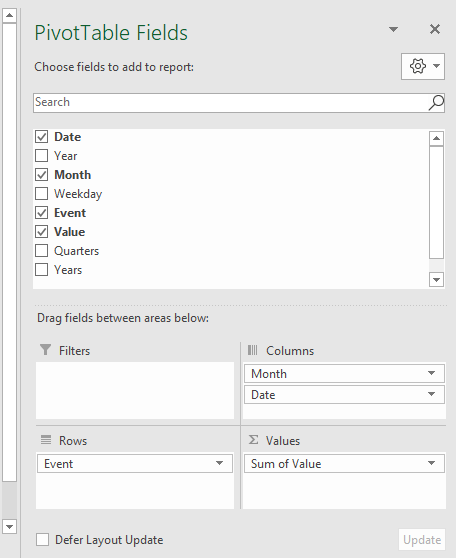 pivot table calendar configure pivot table