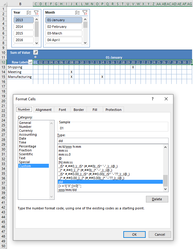 pivot table calendar format date cells