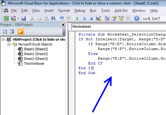 click a cell to make a column hidden or visible vba