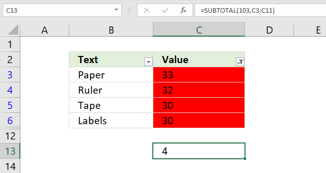 Count cells using Excels Filter tool