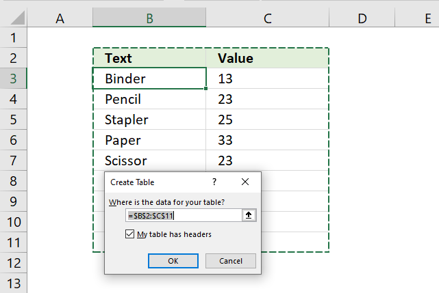 Create Excel Table count cells