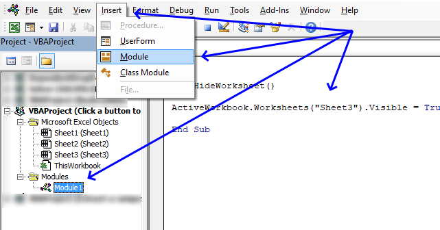 Hides worksheet programmatically VB Editor