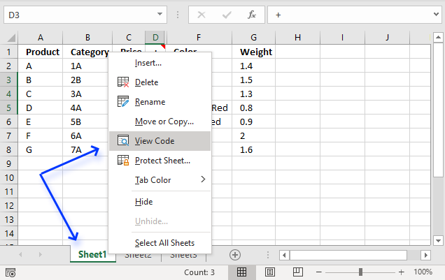 Select a cell to make a column hidden or visible insert event code