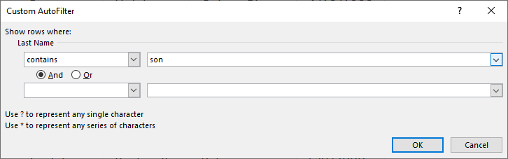 Wildcard lookups and include or exclude criteria filter tool contains dialog box