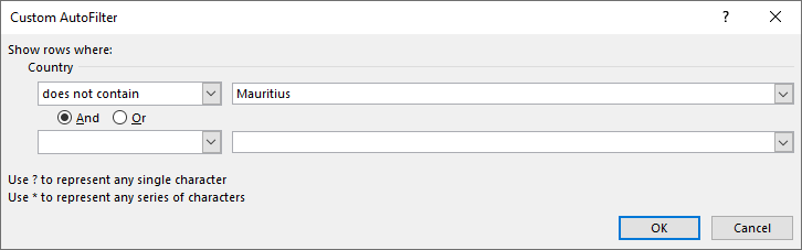 Wildcard lookups and include or exclude criteria filter tool does not contain dialog box