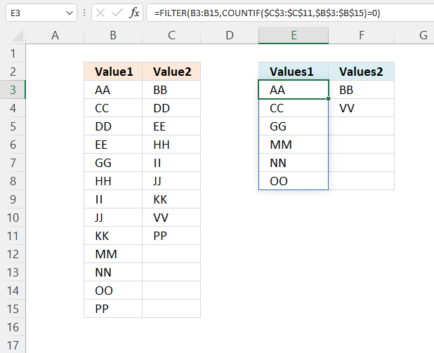 Compare two columns and extract differences Excel 365