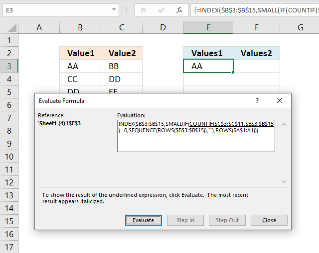 Compare values between two columns and extract differences evaluate formula dialog box