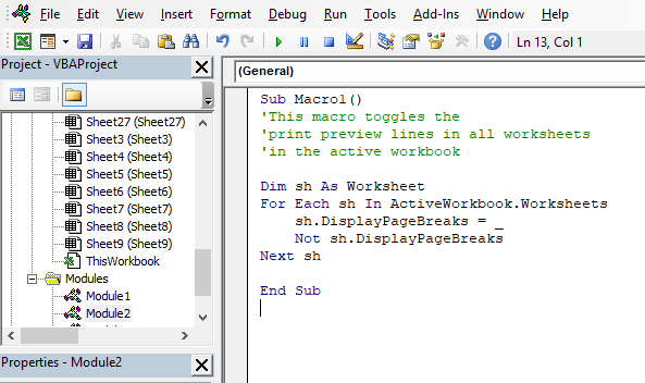 Picture of VB Editor displaying macro to toggle print preview lines on every worksheet