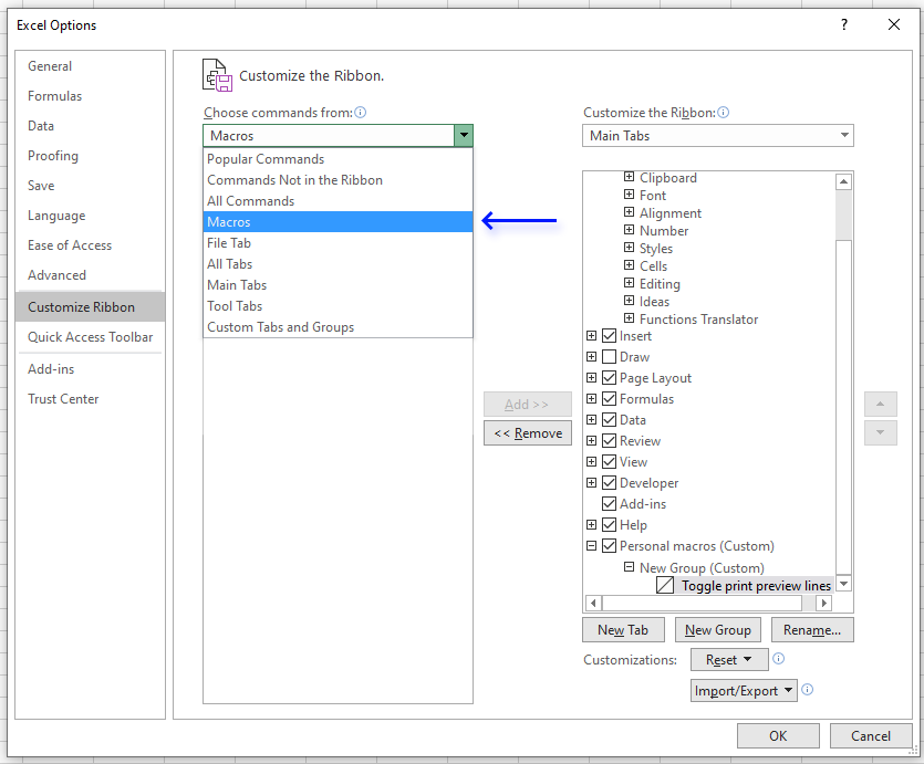 Add your personal Excel Macros to the ribbon customize ribbon