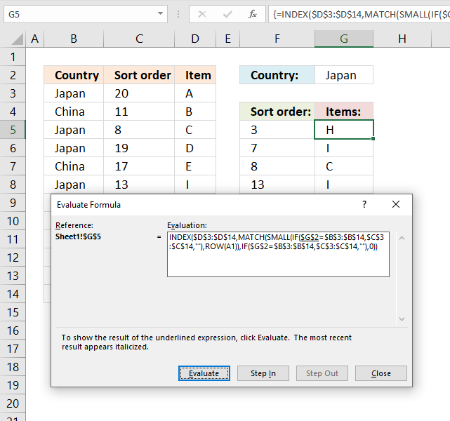 Lookup and return multiple values sorted in a custom order evaluate formula