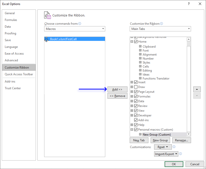 customize ribbon add macro