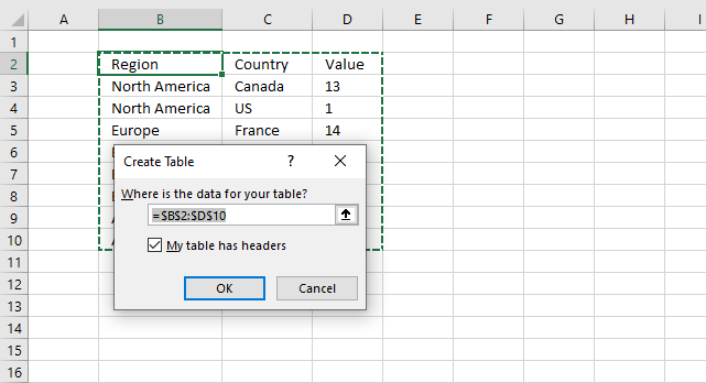 Highlight a group of chart bars create Excel Table