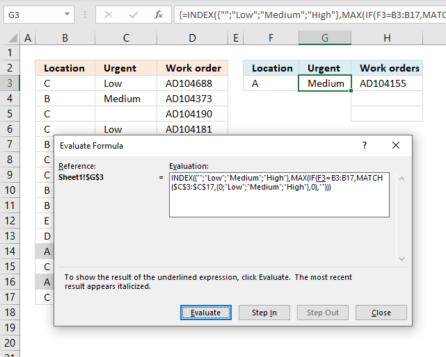 Find the most urgent work orders evaluate formula