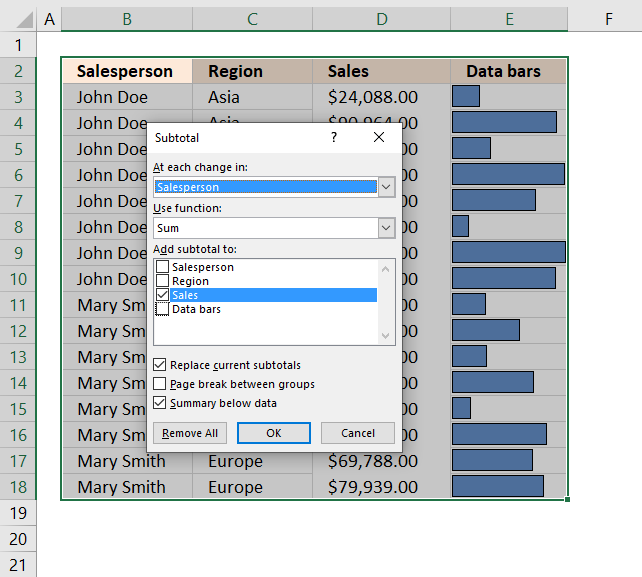 Apply Subtotals dialog box