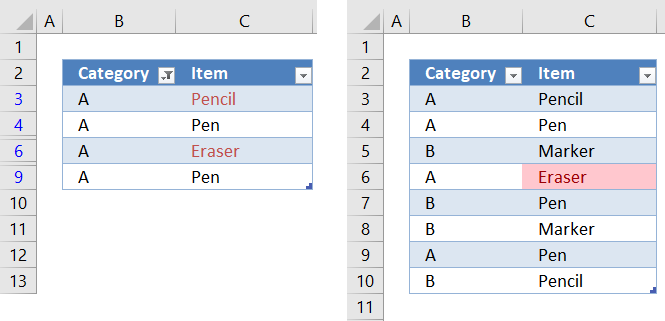 Highlight unique values in a filtered Excel table2 1