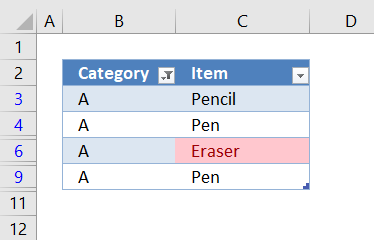 Highlight unique values in a filtered Excel table3