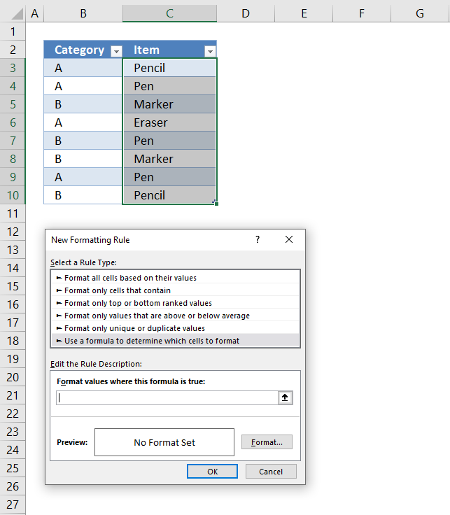 Highlight unique values in a filtered Excel table5