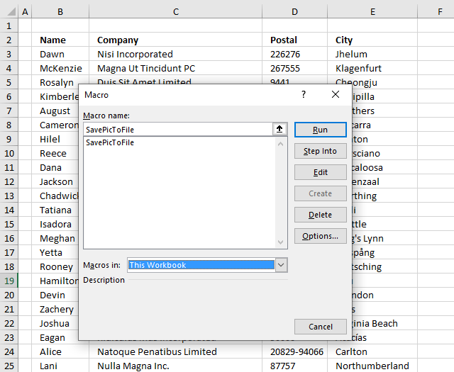 Print screen the entire worksheet Macro dialog box