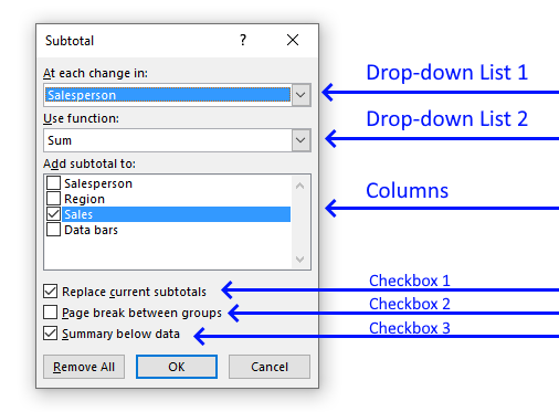 Subtotals dialog box settings