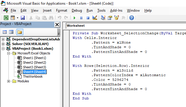 How to highlight row of the selected cell programmatically access event code1