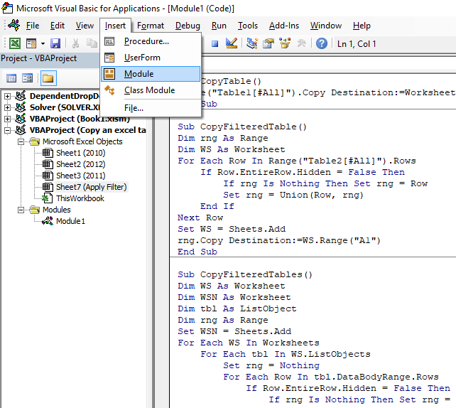 Copy filtered Excel tables programmatically where to put the code