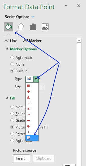 How to add pictures above chart columns format data point