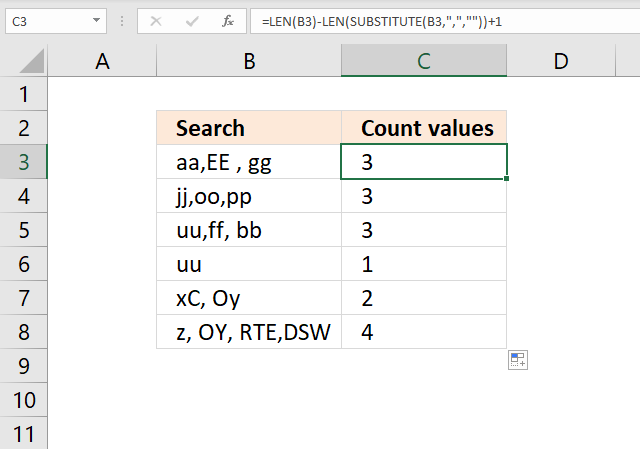 Count comma separated values formula