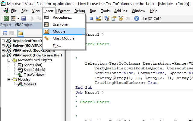 Text to columns method where to put the code