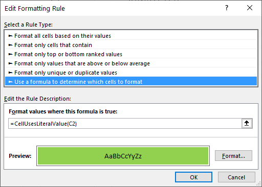 Find cells containing formulas with literal values CF new rule