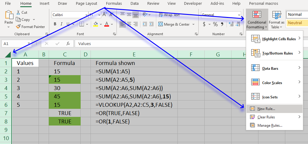 Find cells containing formulas with literal values UDF and CF