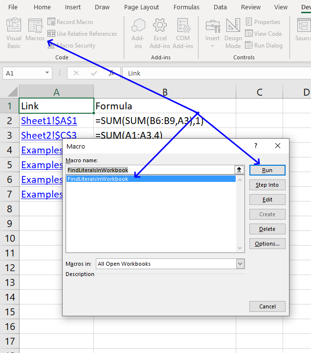 Find cells containing formulas with literal values how to start macro