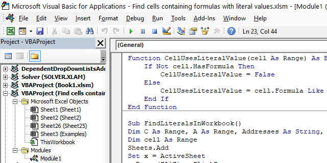 Find cells containing formulas with literal values where to put the code