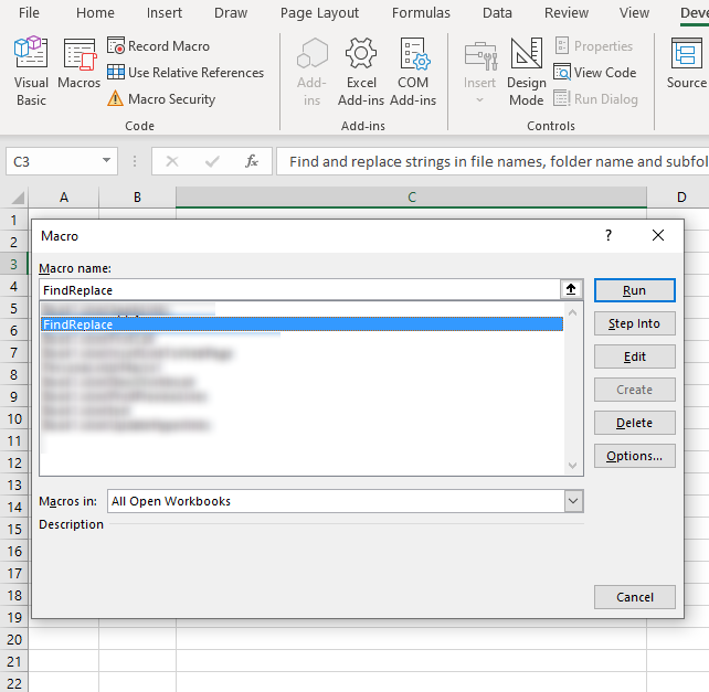 Find and replace a text string in file names folder name and subfolders Macro dialog box