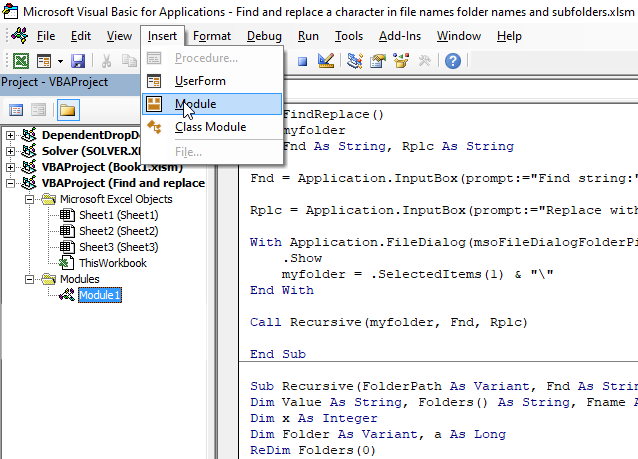 Find and replace a text string in file names folder name and subfolders VB Editor