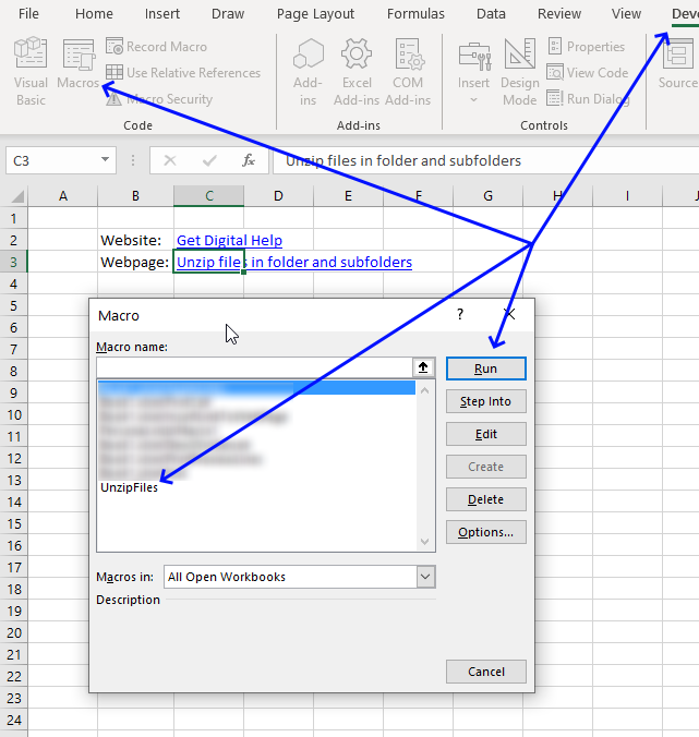 Unzip files in folder and subfolders Macro dialog box