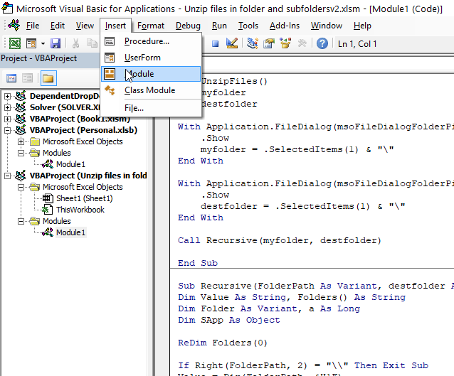 Unzip files in folder and subfolders VB Editor