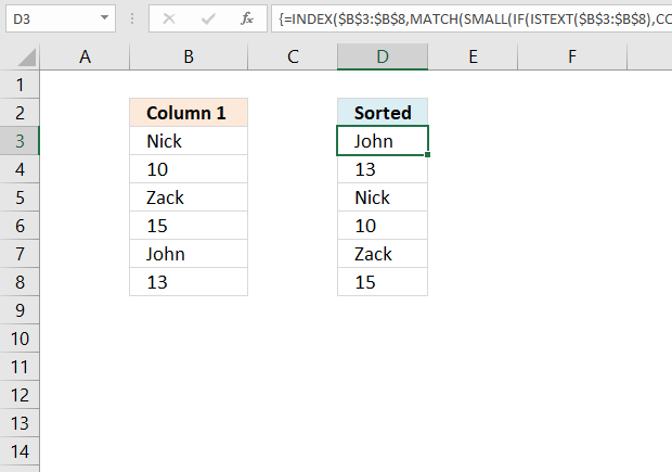 Sort values by corresponding text arranged in a column