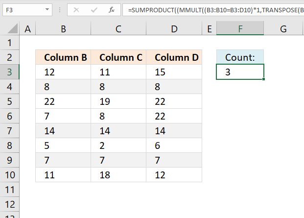 Count identical values comparing three columns on the same row