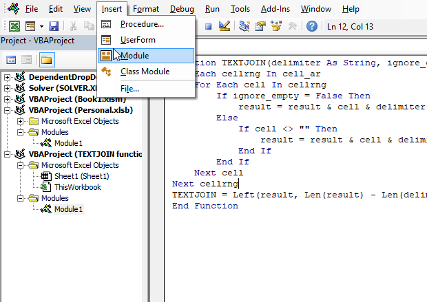 How to use the TEXTJOIN function where to put the VBA code