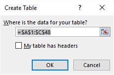 create an excel defined table