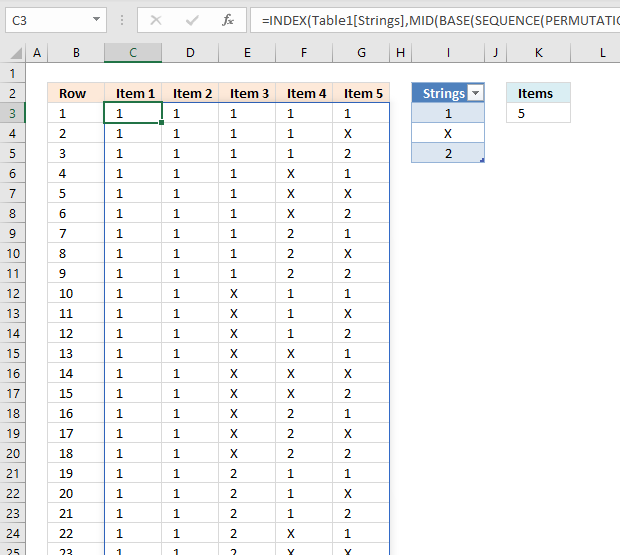 List permutations with repetition and how many to choose from Excel 365 formula